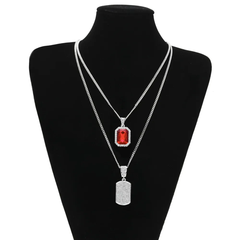 Sets Pendant Black Red Blue Gemstone & Big Rhinestones Dog Tag Cuban Chain Two Necklace Men Women HipHop Jewelry 2 Necklaces 206S