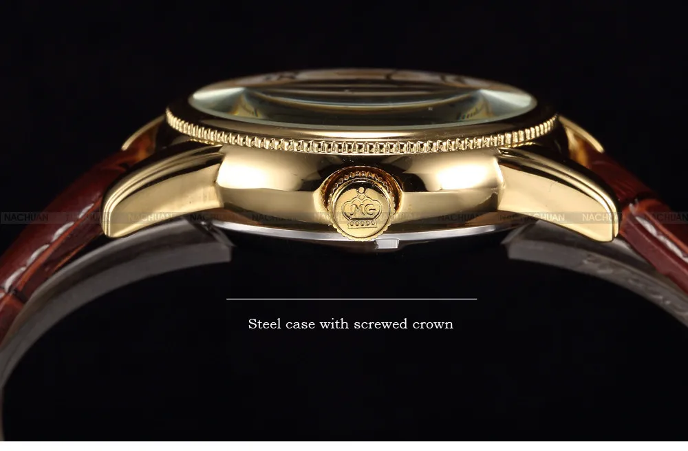 男性の手首は豪華なゴールデンスケルトンメカニカルスチームパンク男性時計自動腕時計レザーストラップヘレンホーログJ19070294N