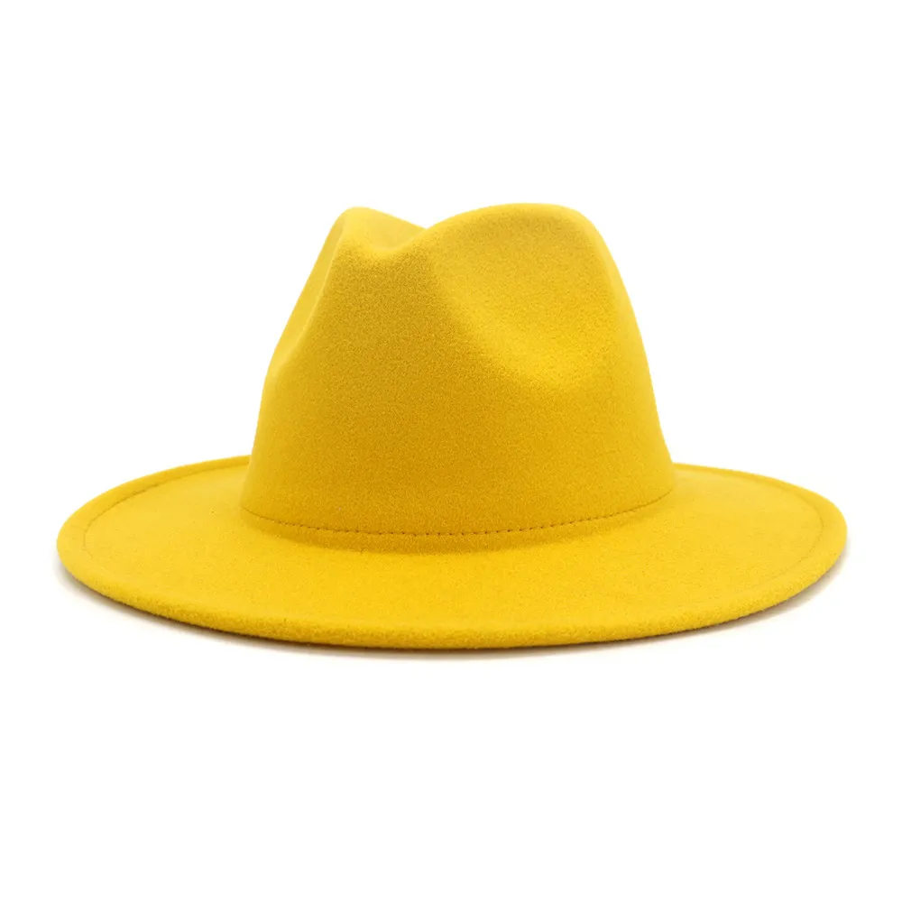 Chapeau en feutre de Jazz pour hommes et femmes, extérieur jaune, intérieur, rose, Patchwork, Panama, chapeaux Fedora à large bord avec bande en feutre, Trilby Cap277M