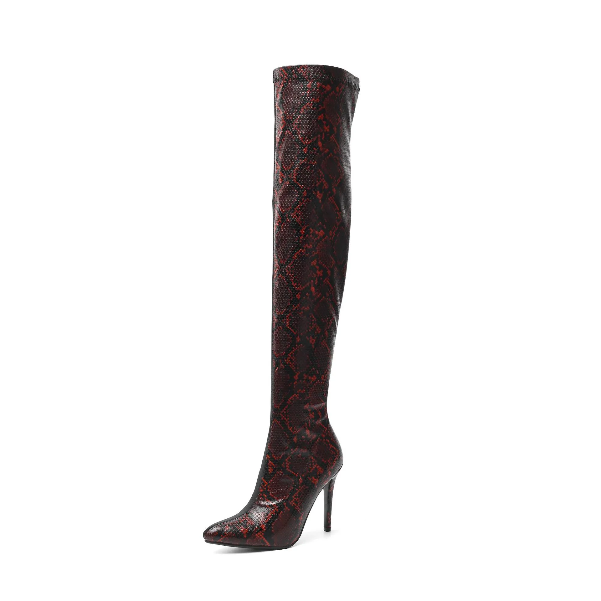 スネークカラー太ももハイブーツレディース尖っぽい大きいサイズ34-43女性のブーツ11cmハイヒールの蛇紋岩のファッションローマのブーツ女の子の靴162-2