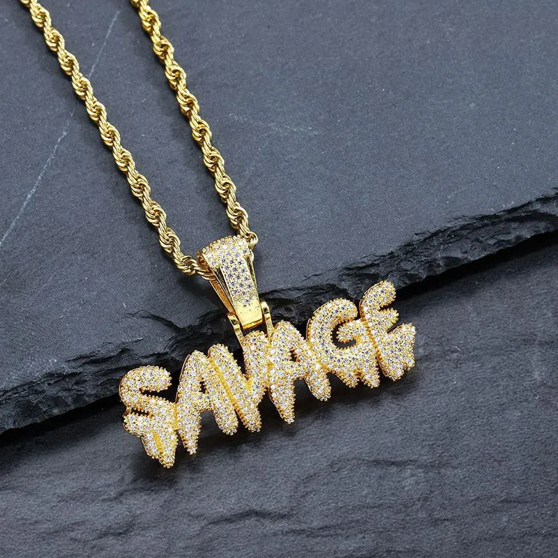 Bling Bling Savage Letter Colar Pinging Shiny Ice Out Link Chain Charcle com jóias de hip hop da cadeia de tênis para MEN239H