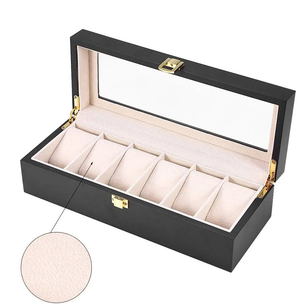 Caja de reloj con 6, 10 y 12 ranuras, organizador de joyería de madera negra, estuche de exposición para reloj, caja de relojes de pulsera con tapa de cristal, soporte de lujo D40195E