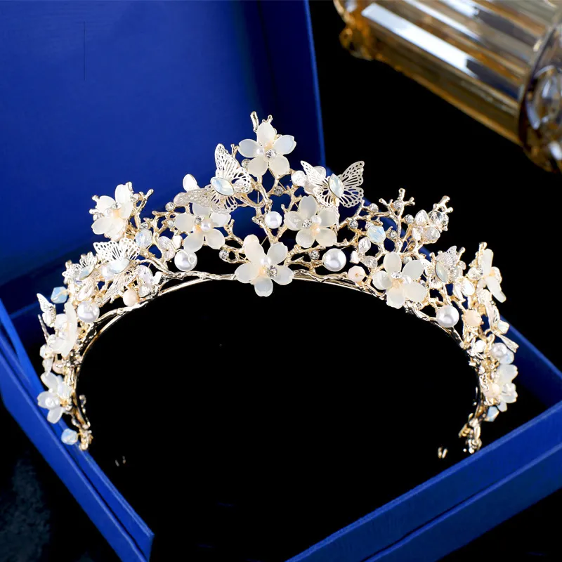 Barokke Vintage Gouden Vlinder Kroon Bloemen Bruiloft Prom Tiara Hoofdband Parel Bruids-hoofddeksels Bruid Haaraccessoires Haarband Y2198