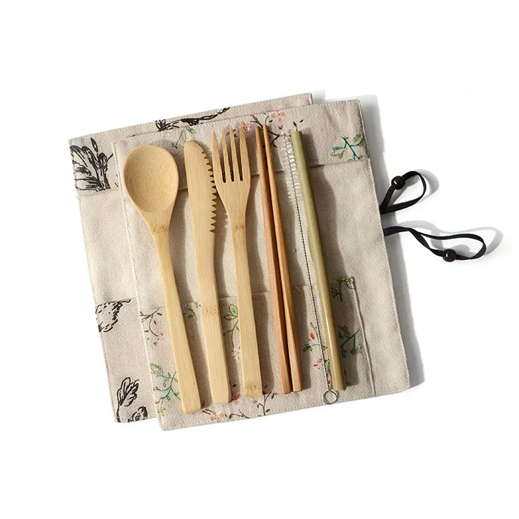 Kit de couverts en bambou, ensemble de voyage, fourchette, baguettes, couteau, cuillères, brosses en paille, portable, pique-nique en plein air, écologique, 6 pièces
