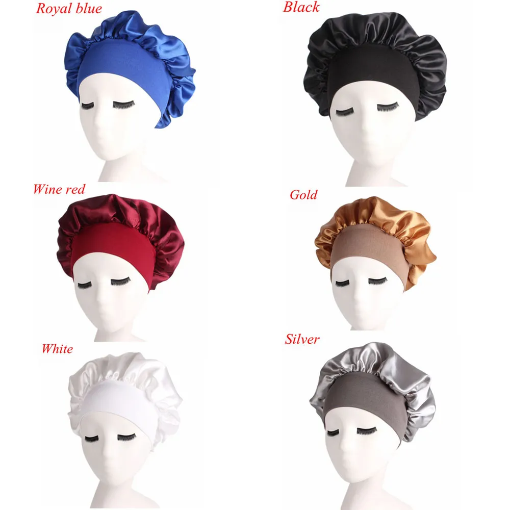 feminino faixa larga cetim seda gorro confortável noite sono boné chapéu senhoras seda macia longo cuidados com o cabelo gorro headwrap345n