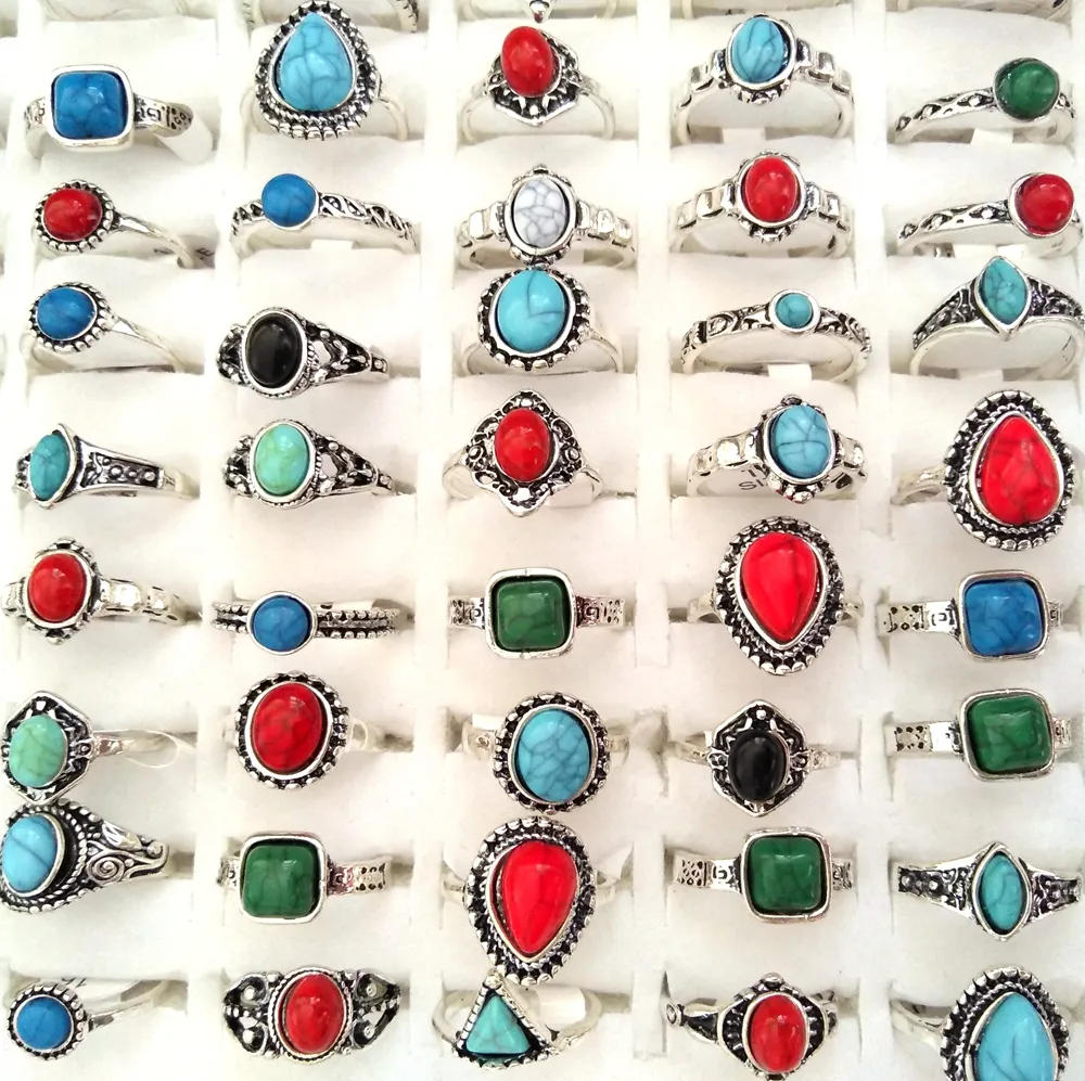 50 stks Hele Gemengde ZILVEREN Turquoise vrouwelijke vrouwen meisjes Ringen Cool Ringen Unieke mode Vintage Retro Jewelry167P