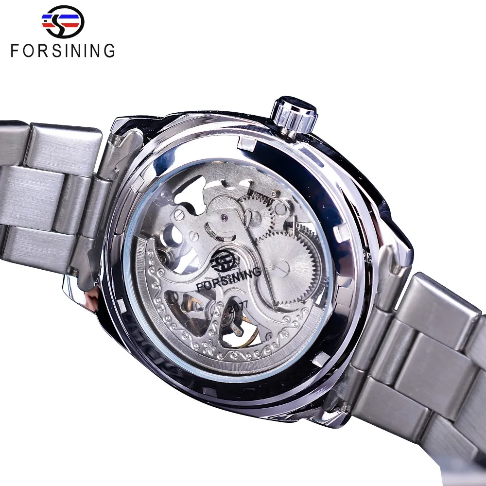 ForSining Par Watch Set Combination Men Silver Automatic Watches Steel Lady Red Skeleton Leather Mechanical Wristwatch Gift275J