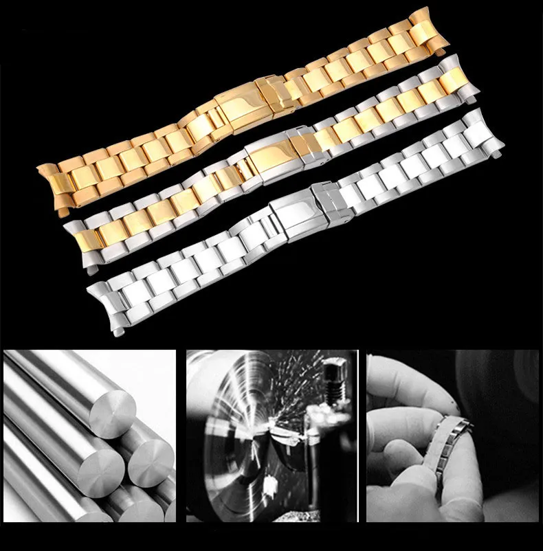 Para Rolex Sub Watch Relógio de 20mm Polishig Silver Gold Novos homens Curved End Watch Band Straplet Bracelet ST270R