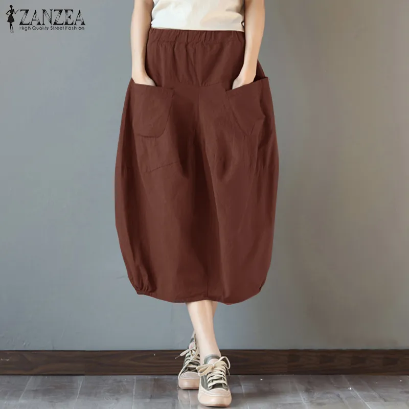 2019 Zanzea Summer Women Elastic Hem Cotton Linen SkirtsポケットカジュアルワークMIDIスカートバギーパーティーJupe Faldas Plus Size Y19043001654266