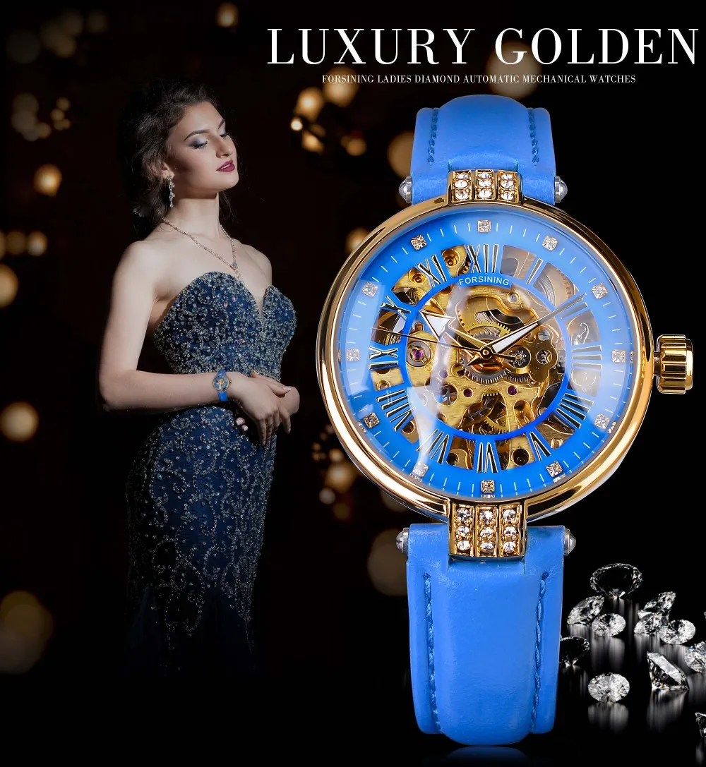 Forsining Lady Mechanisch Automatisch Polshorloge Topmerk Luxe Mode Gouden Kast Skeletklok Dames Blauw Echt Leather268E