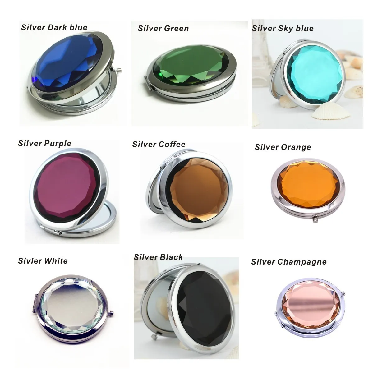1 Stück Kristall-Make-up-Spiegel, tragbar, rund, gefaltet, kompakt, Gold, Silber, Taschenspiegel, Make-up für personalisiertes Geschenk 8825016