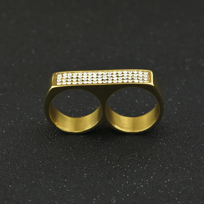Hip Hop Rhinestone två-fingerring för män geometriska glansiga guldpläterade rostfritt stål enkla ringar mode smycken193d
