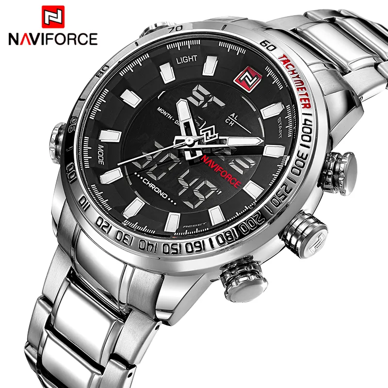 NAVIFORCE Brand Men Military Sport Watches Mens LED Analog Digital Watch Male Army Stainless Quartz Clock With Box Set For 261r