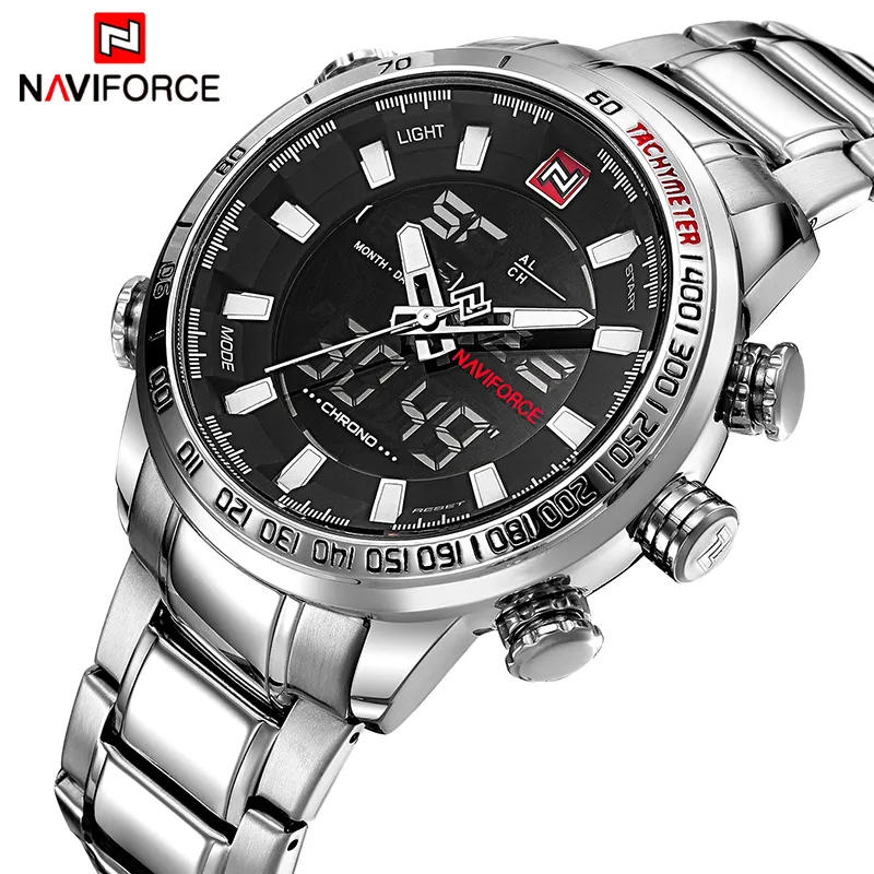 NAVIFORCE Marke Männer Militär Sport Uhren Herren LED Analog Digital Uhr Männlichen Armee Edelstahl Quarzuhr Mit Box Set Für 261r