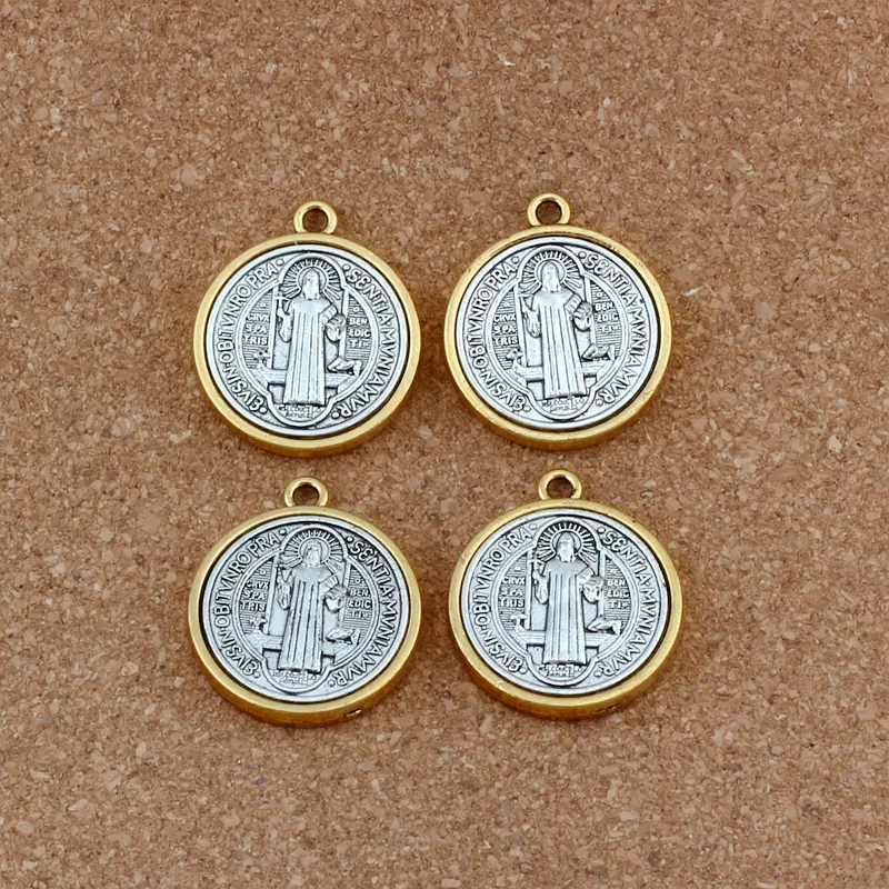 15 Uds. Colgantes de medalla de San Benito con cruz de dos tonos para hacer joyas, pulsera, collar, accesorios DIY 32 3x27 9mm A-557310v