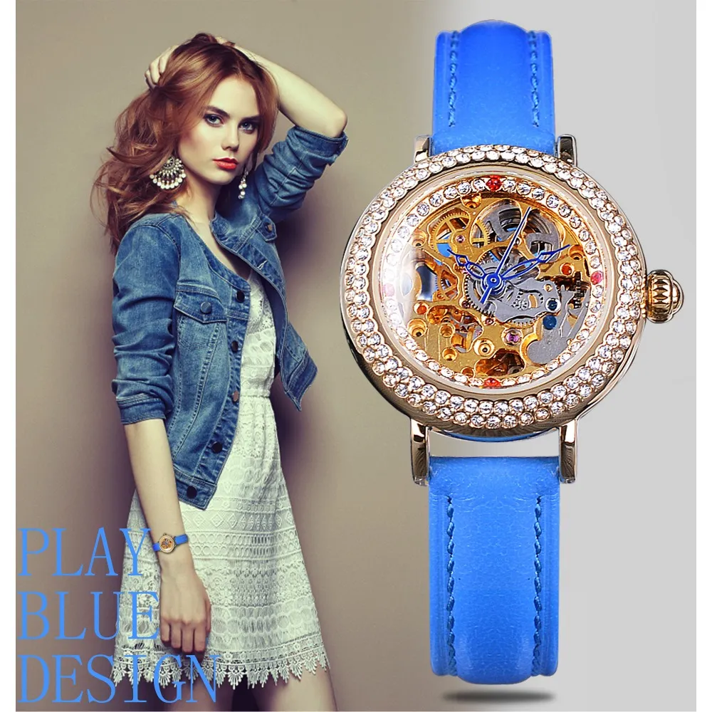 Forsining Mode Bleu Dame Diamant Or Fleur Mouvement Transparent Petite Dame Femmes Mécanique Squelette Montre Top Marque De Luxe2637