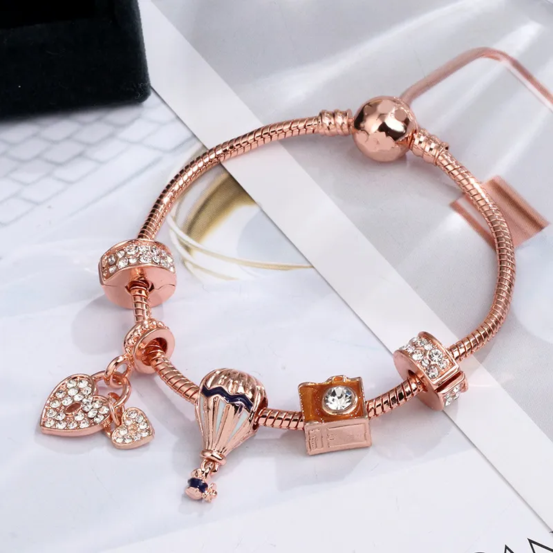 Романтический браслет из розового золота с воздушным шаром и бисером, модный браслет своими руками для девочек, инкрустированный бриллиантами, кулон в форме сердца, браслет 304n