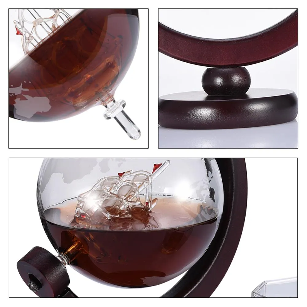 Decantador de whisky y vino Globe de 800mL con barra de soporte de madera acabada, aireador de vino con embudo, Mini máquinas Globe, herramientas de barra 2458