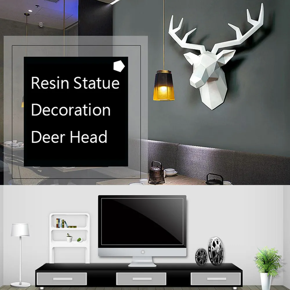 Escultura de cabeza de ciervo 3D, accesorios de decoración del hogar, cabeza de ciervo geométrica, escultura abstracta, decoración de pared de habitación, estatua de cabeza de ciervo de resina T2451