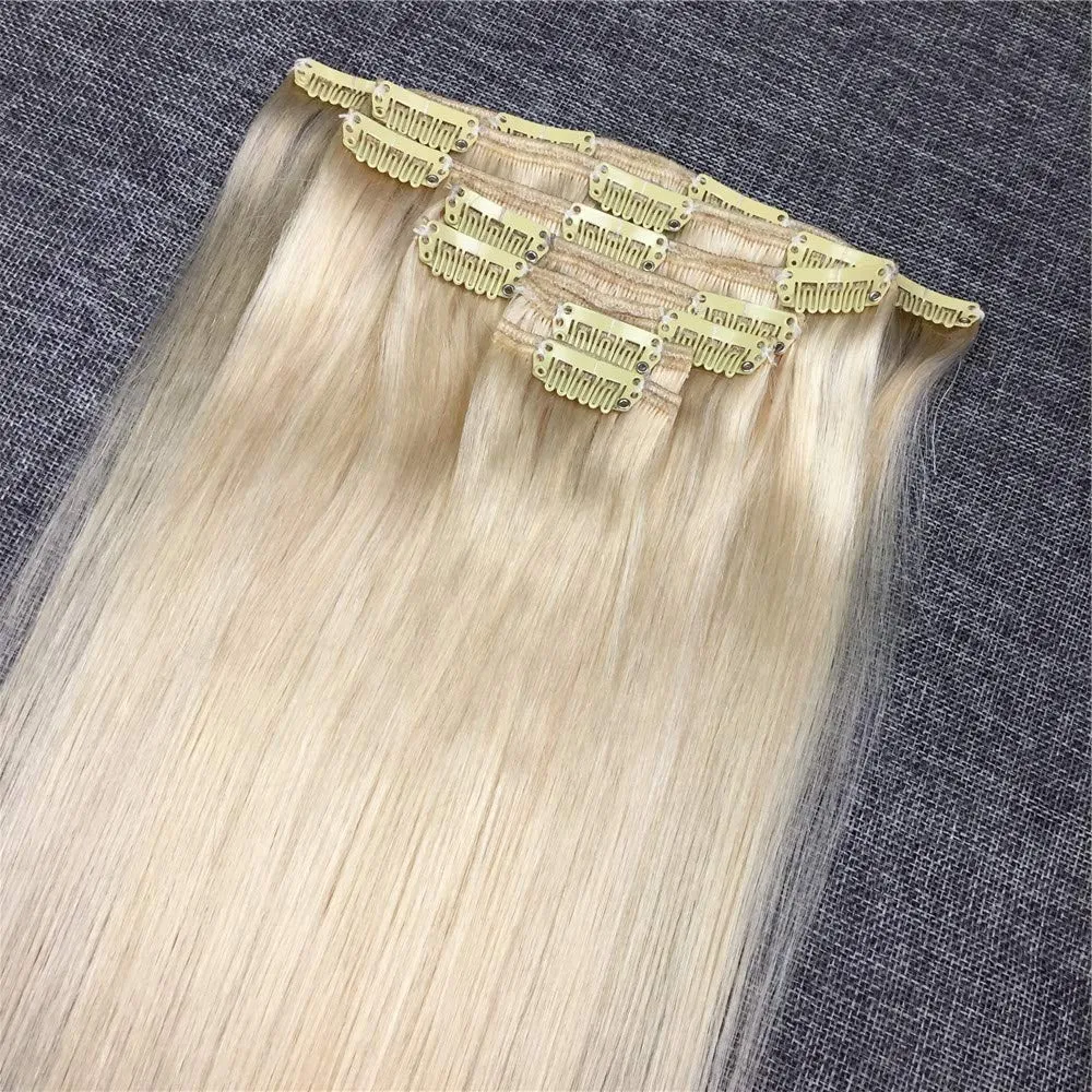 Bleach Blonde Clip in Hair Extensions 24inch 100g #60 Platinum Blonde Remy Real Hair Full Head Human Hair Straight