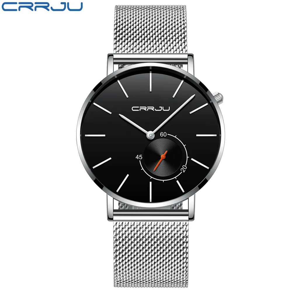 Nouvelle mode Simple hommes montre CRRJU conception Unique noir montres à Quartz décontractées hommes de luxe affaires montre-bracelet Zegarek Meskie237E