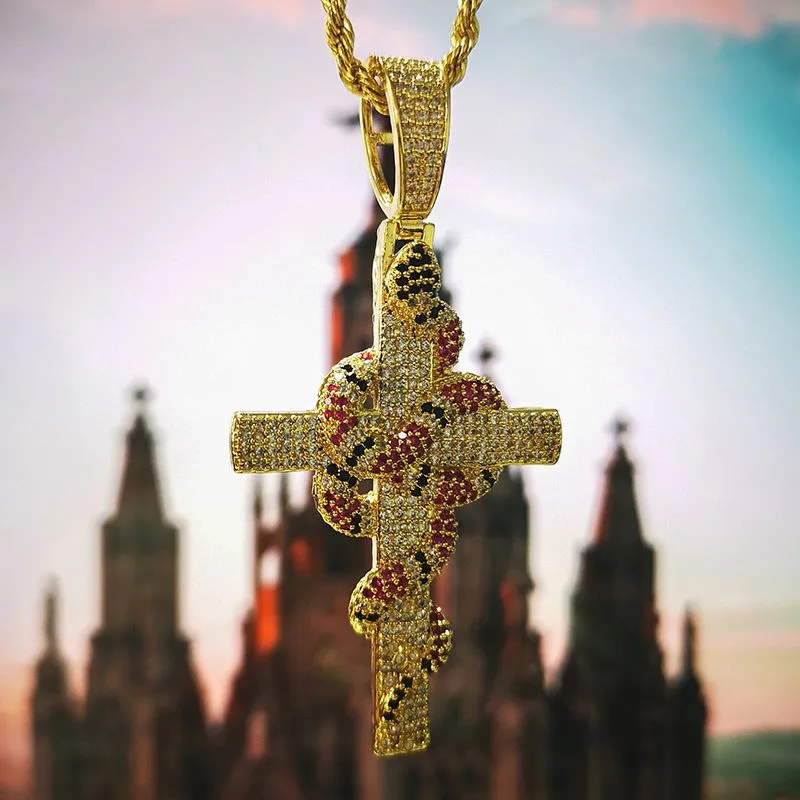 18k Gold Plated Ed Coral Snake Cross Pendant in White Gold Iced Out Zircon Bling Hip Hop Jewelry Gift3539