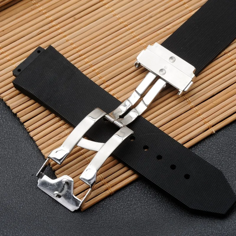 Watch Accessories 23mm 26mm 28mm Men Women Stainless Steel Deployment Clasp Black Diving Silicone Rubber Watch Band Strap for HUB 286E