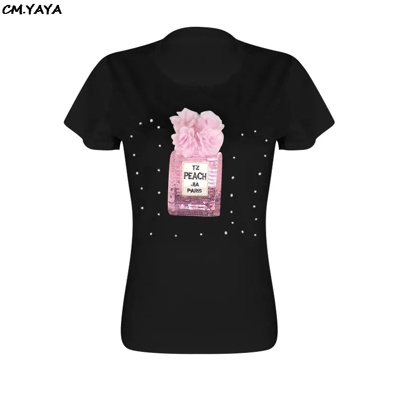 2019 New Women Summer O-neck Short Sleeve Pearls Beading Floarl Appliques Print Tee Top Classic Active Wear T-shirts D924 Y19072701