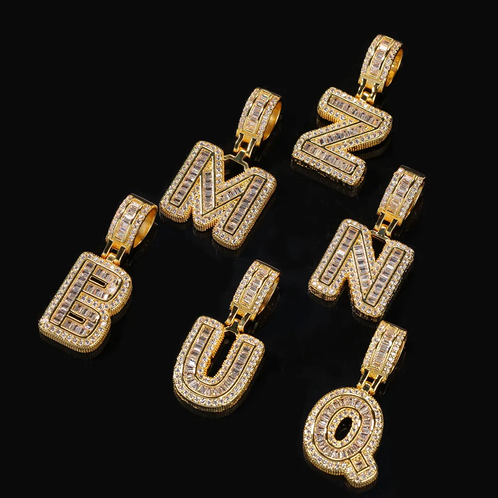 Collier avec nom personnalisé, lettres Baguette glacée avec chaîne de Tennis, pendentif en Zircon entièrement glacé, cadeau Hip Hop, bijoux 214Q