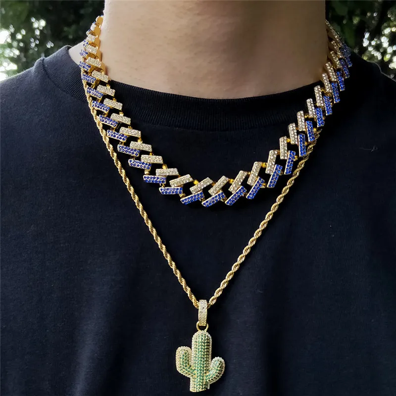 Collier Cactus vert d'été pour hommes, Zircon cubique glacé, plaqué or blanc, bijoux Hip Hop, cadeau, 2019, 2073