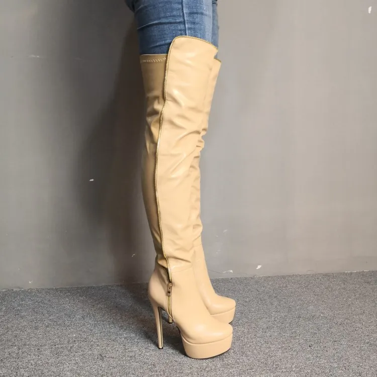 Rontic Damen Plateau-Oberschenkelhohe Stiefel, Stiletto-High-Heels-Stiefel, runde Zehenpartie, Aprikosenschwarz, Partyschuhe für Damen, Übergröße, US-Größe 5–15