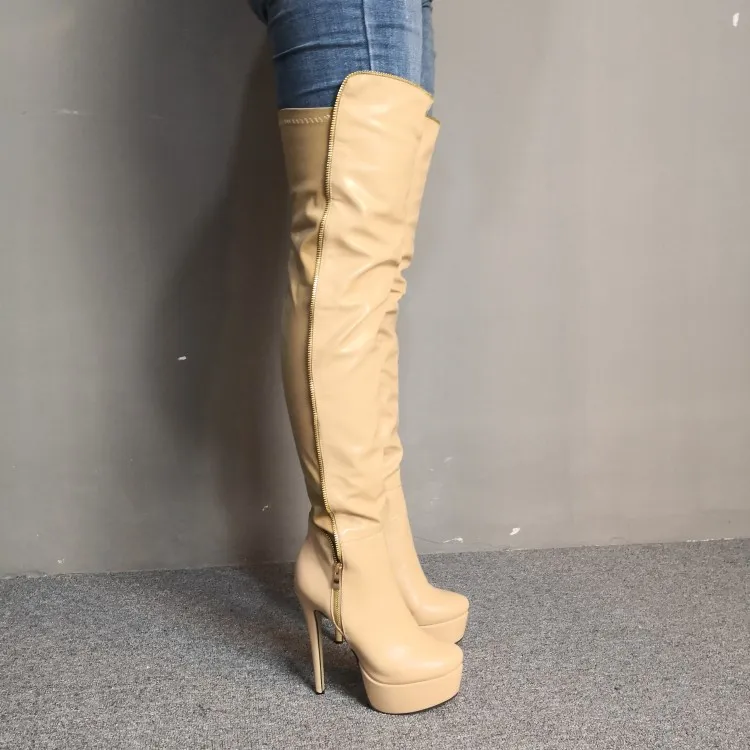 Rontik Kadın Platformu Uyluk Yüksek Çizmeler Stiletto Yüksek Topuklu Çizmeler Yuvarlak Toe Kayısı Siyah Parti Ayakkabı Kadınlar Artı ABD Boyutu 5-15