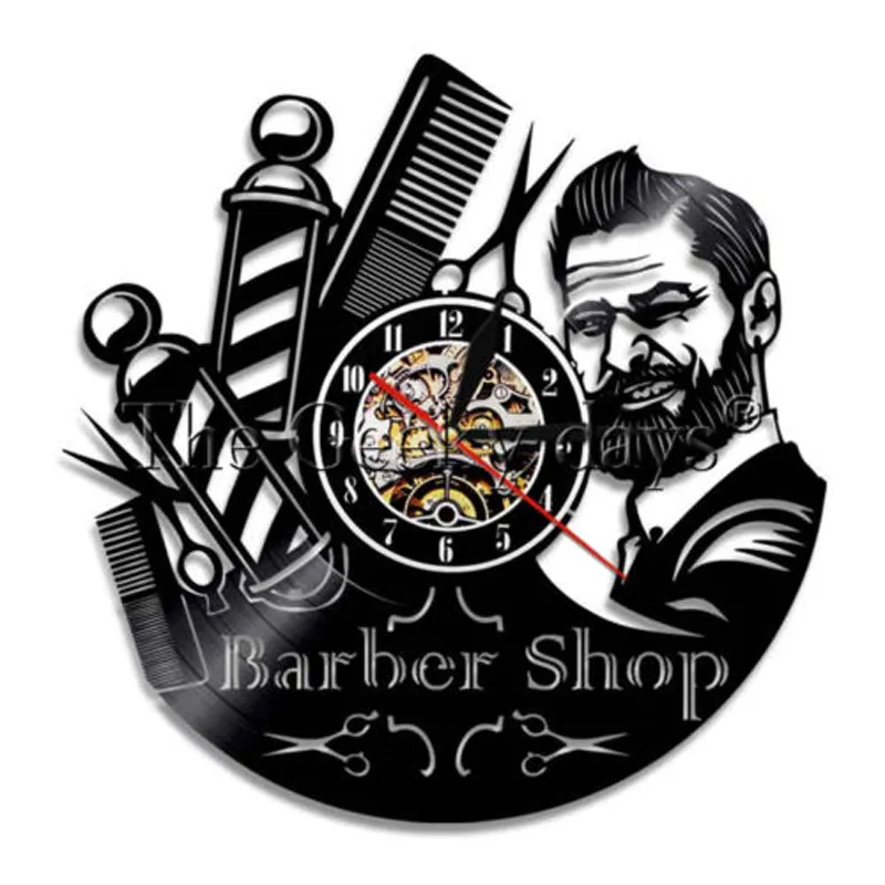 Barbearia Relógio de parede moderno Decoração de barbearia Registro de vinil Relógio de parede Pendurado Cabeleireiro Relógio de parede para salão de barbeiro Y200110