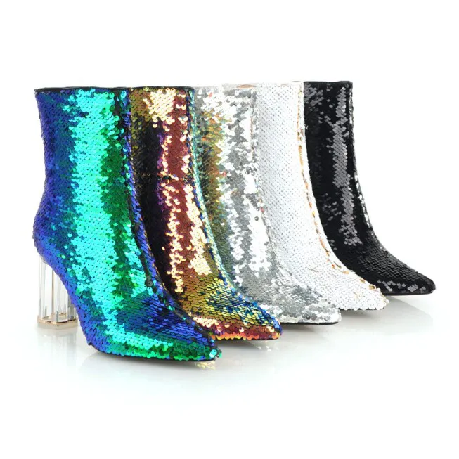 rontic new women boots 겨울 광장 하이힐 발목 부츠 섹시한 뾰족한 발가락 화려한 파티 여성 신발 여성 미국 크기 3-10.5