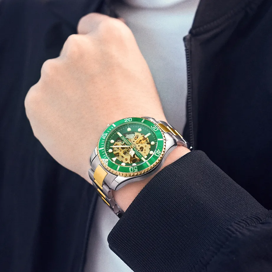 CHENXI Montre-bracelet à mouvement automatique Cadran analogique Face Lunette dorée Bracelet en acier inoxydable 001 Boucle pliante Montre-bracelet d'affaires pour 219A