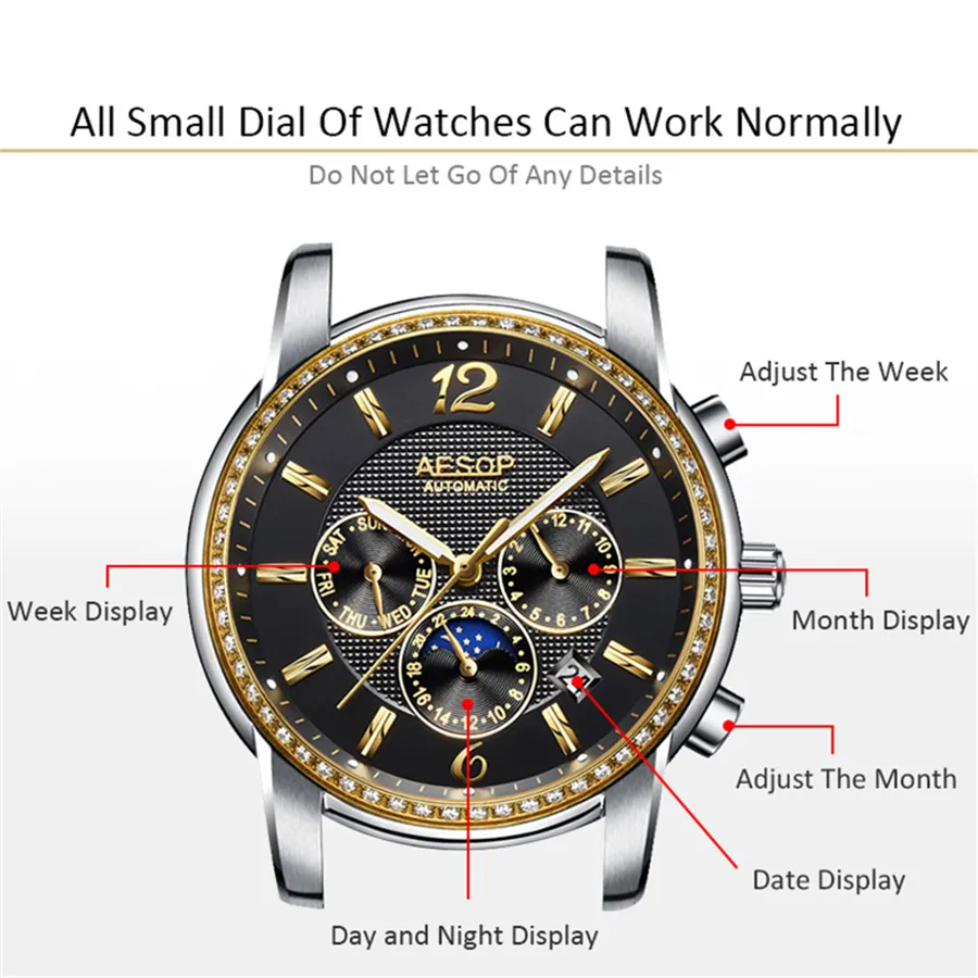 AESOP marque de luxe montre militaire hommes phase de lune automatique montres mécaniques lumineux entièrement en acier étanche horloge Men296d