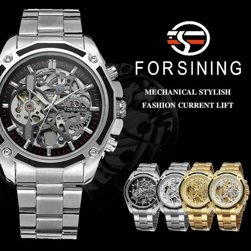 Forsining Hommes Montre En Acier Inoxydable Militaire Sport Montre-Bracelet Squelette Automatique Mécanique Mâle Horloge Relogio Masculino 0609 Y1903108