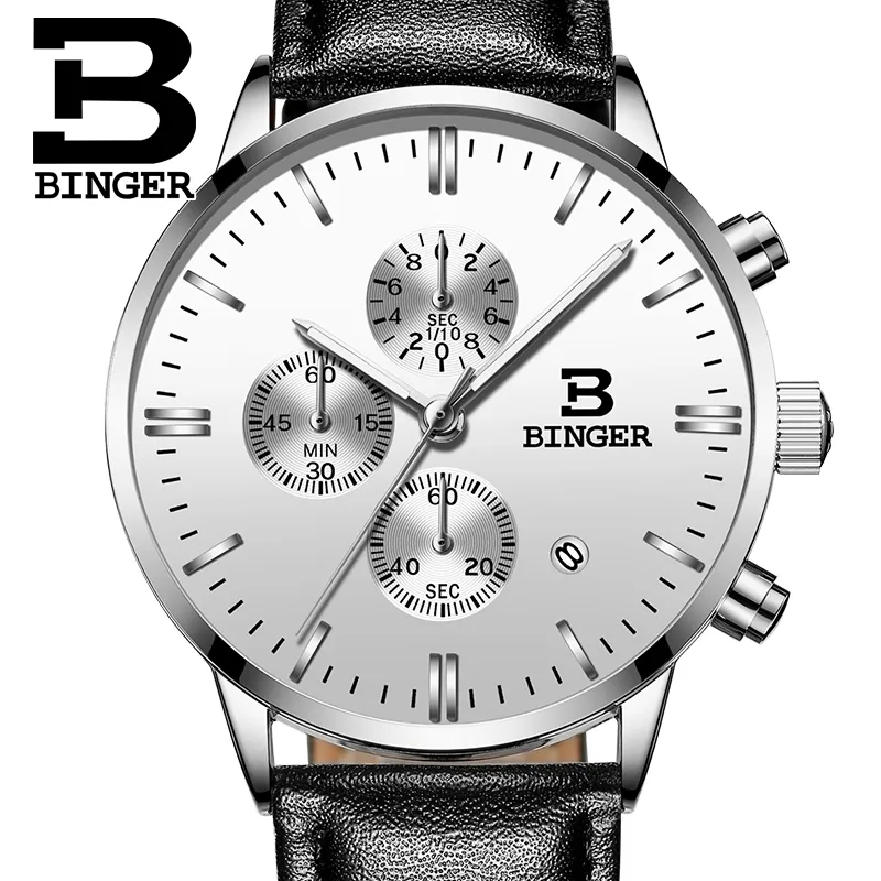 Подлинные BINGER Кварцевые мужские часы Часы из натуральной кожи Racing Мужчины Студенты Game Run Часы с хронографом Мужские светящиеся руки CX200805233K