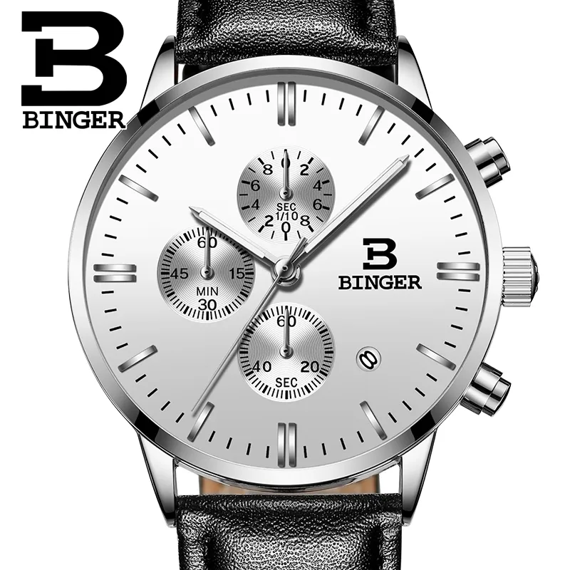 Genuine BINGER Quartz Male Watches Genuine Leather Watches Racing Men Students Game Run Chronograph Watch Male Glow Hands CX200805310J