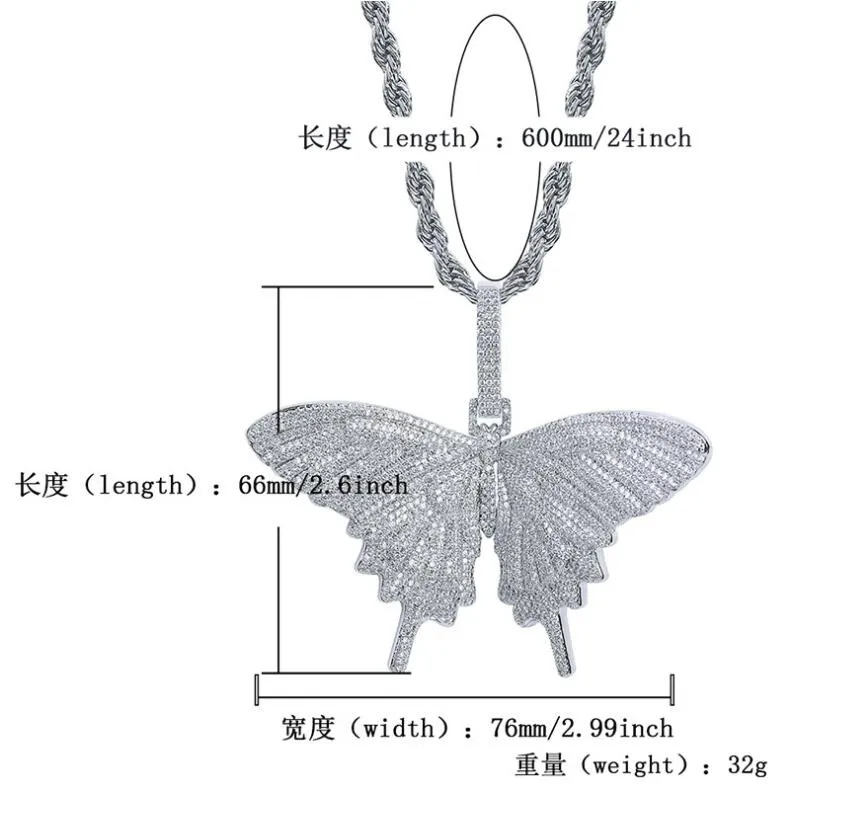2019 Iced Out Animal Big Farterfly Pendant Necklace Silver Blue Plated Mens Hip Hop Bling Jewelry Gift Whole203m