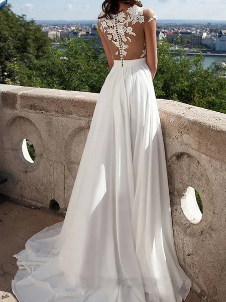 Abiti da sposa sexy in pizzo trasparente da spiaggia Abiti da sposa bohémien applicati Maniche corte Abiti estivi in chiffon con spacco alto209M