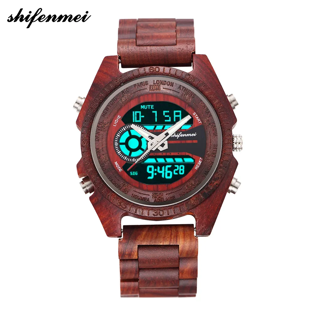 Shifenmei 2139 Antique Mens ZebraとEbony Wood Watches Wooden Digital Quartz Watch Y190515238Tでの二重ディスプレイビジネスウォッチ