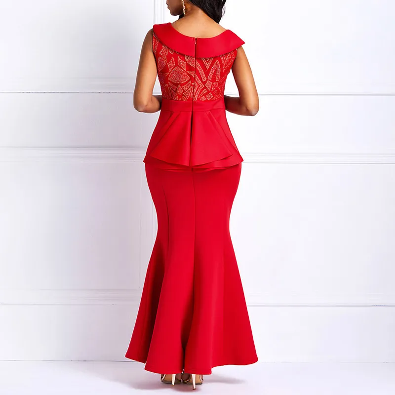 Sequins Party Bodycon Mermaid Long Dress Women Elegant Slim Ruffle Office Ladies Prom Evening Formal Solid Red Sexy Maxi Dresses T5190613