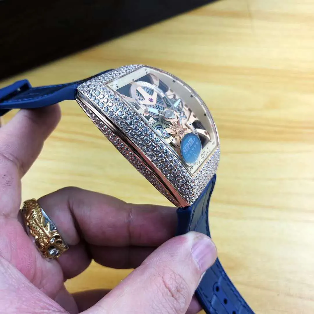 Popularny nowy męski zegarek Importuj Automatyczny ruch mechaniczny 54 42 mm puste diamentowy ramka skórzana opaska moda Men2208