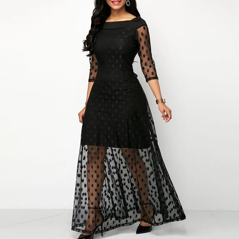 Feminino Festa Noturna Encontro Retro Gótico Preto Polka Dot Maxi Dress Office Lady Work See Through Mesh Extra Long Bodycon Dresses C19041501