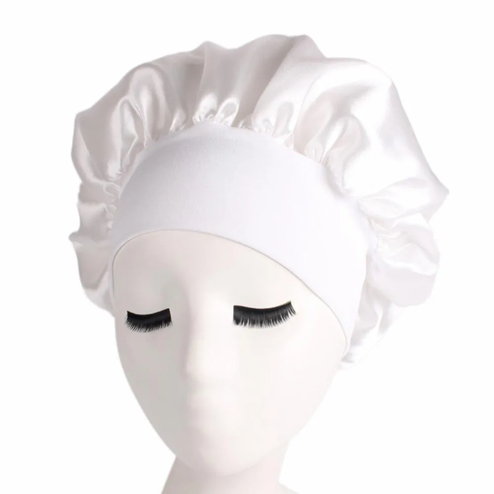 1 2 5 58cm Bonnets de douche de couleur unie Soins des cheveux longs Femmes Satin Bonnet Cap Nuit Sommeil Chapeau Soie Head Wrap Ajuster Shower Caps228p