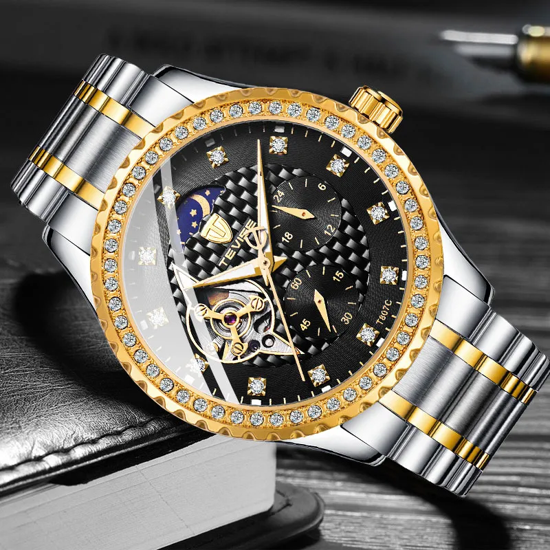 Reloj Automático TEVISE de lujo con banda de acero inoxidable para hombre, reloj mecánico luminoso con fase lunar y diamante a la moda para hombre, 323G