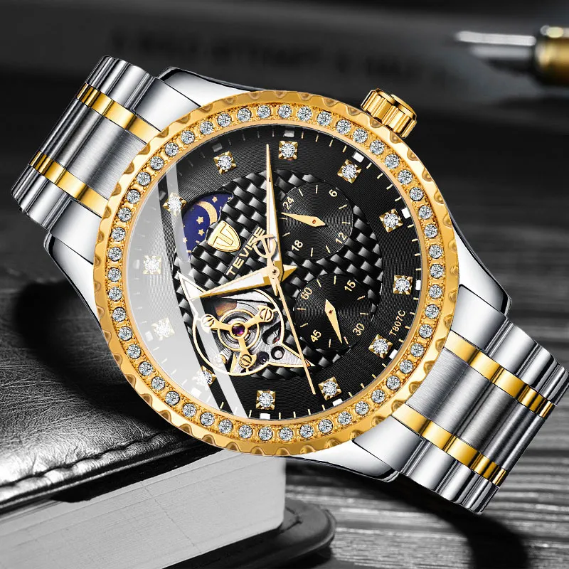 TEVISE – montre automatique de luxe pour hommes, bracelet en acier inoxydable, mode phase de lune, diamant lumineux mécanique, horloge 264j