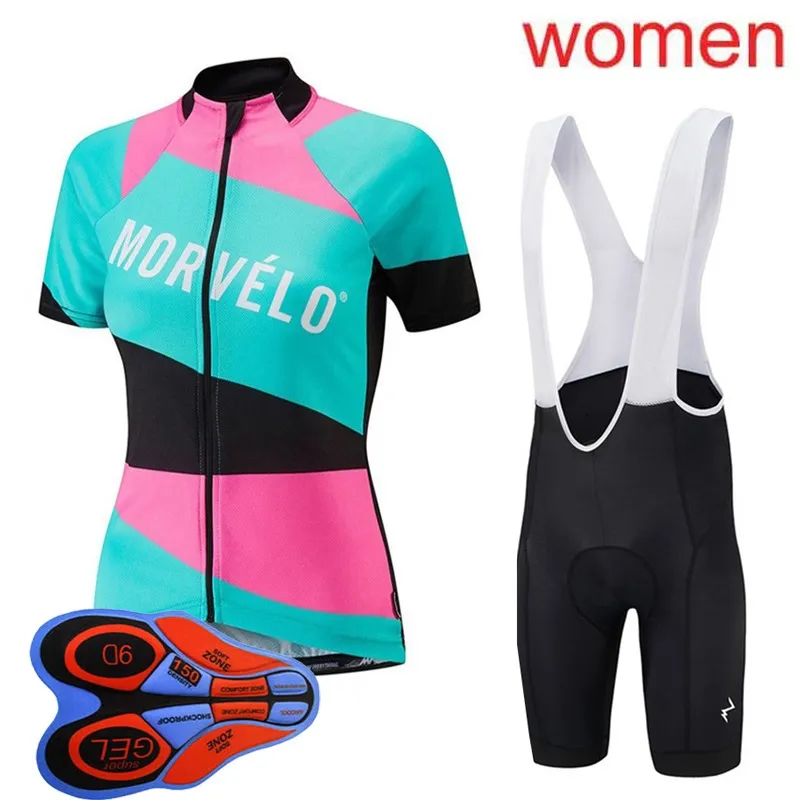 Morvelo 팀 여름 사이클링 짧은 소매 유니폼 턱받이 반바지 세트 여성 빠른 건조 도로 자전거 스포츠웨어 MTB 자전거 복장 경주 의류 Y210