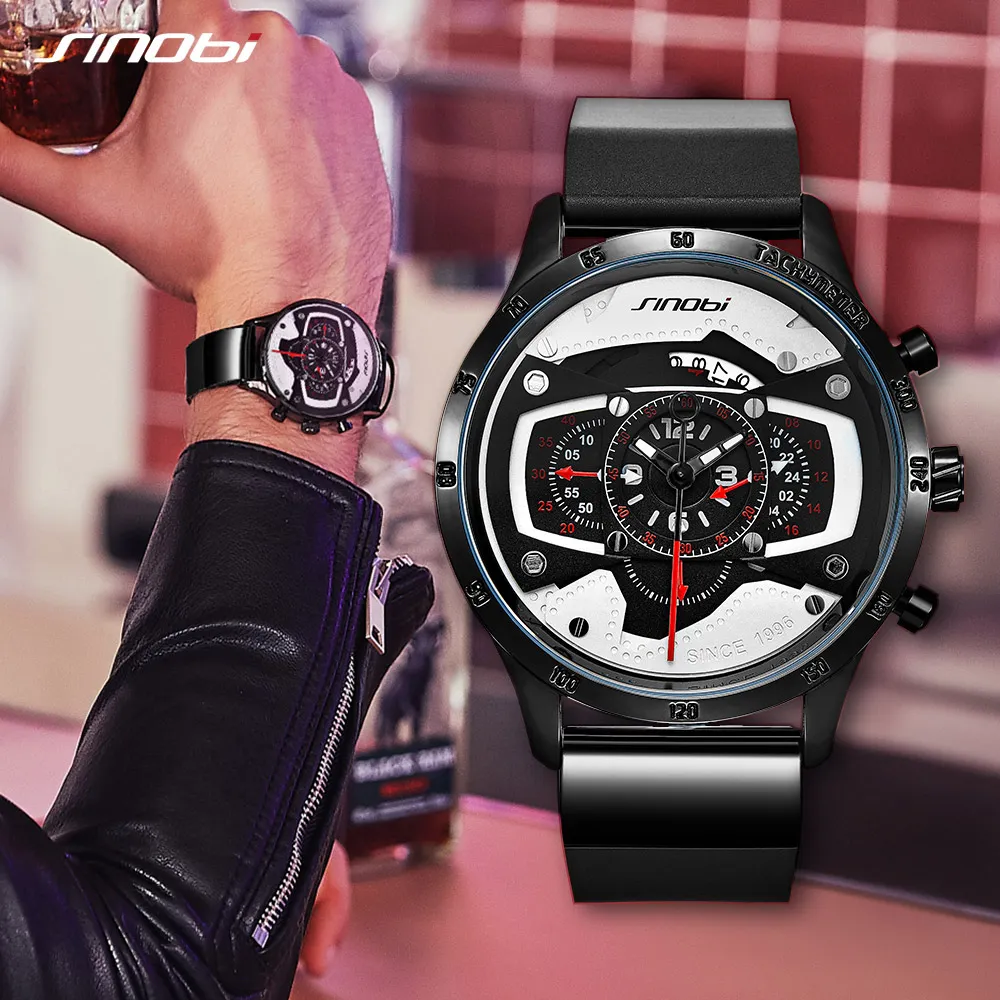 SINOBI автомобильные спортивные мужские часы креативные мужские наручные часы в стиле панк водонепроницаемые кварцевые часы в стиле милитари Reloj Hombre Racing Watc235n